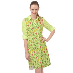 Vector Fruits Pattern, Pastel Colors, Yellow Background Long Sleeve Mini Shirt Dress by Casemiro