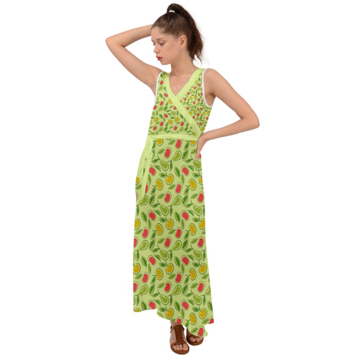 Vector Fruits pattern, pastel colors, yellow background V-Neck Chiffon Maxi Dress