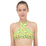 Vector Fruits pattern, pastel colors, yellow background High Neck Bikini Top