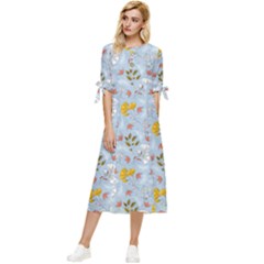 Blue Florals Bow Sleeve Chiffon Midi Dress by designsbymallika
