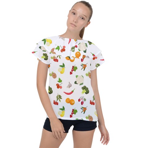 Fruits, Vegetables And Berries Ruffle Collar Chiffon Blouse by SychEva