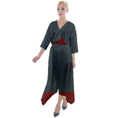 Navy Blue Red Stripe Crest Quarter Sleeve Wrap Front Maxi Dress by Abe731