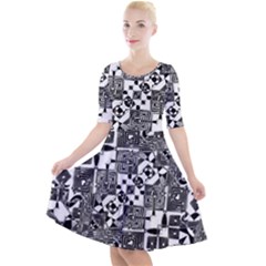 Black And White Geometric Print Quarter Sleeve A-line Dress by dflcprintsclothing