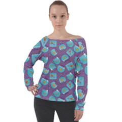 Aquarium With Fish And Sparkles Off Shoulder Long Sleeve Velour Top by SychEva