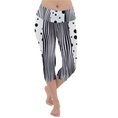 Stripes Black White Pattern Lightweight Velour Capri Yoga Leggings by designsbymallika