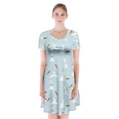 Funny And Funny Hares  And Rabbits In The Meadow Short Sleeve V-neck Flare Dress by SychEva