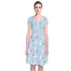 Funny And Funny Hares  And Rabbits In The Meadow Short Sleeve Front Wrap Dress by SychEva