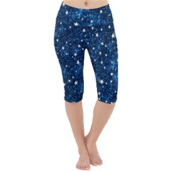Dark Blue Stars Lightweight Velour Cropped Yoga Leggings by AnkouArts