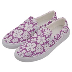 White Hawaiian Flowers On Purple Men s Canvas Slip Ons by AnkouArts