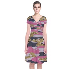Abstract Glitter Gold, Black And Pink Camo Short Sleeve Front Wrap Dress by AnkouArts