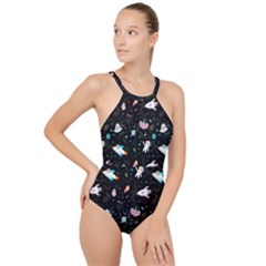 Funny Astronauts, Rockets And Rainbow Space High Neck One Piece Swimsuit by SychEva