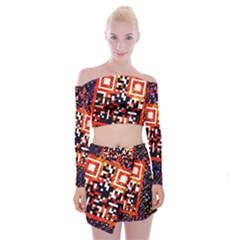 Root Humanity Bar And Qr Code In Flash Orange And Purple Off Shoulder Top With Mini Skirt Set by WetdryvacsLair