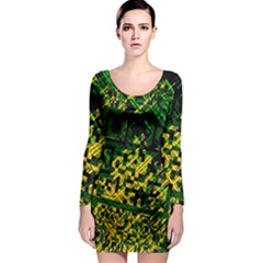 Root Humanity Bar And Qr Code Green And Yellow Doom Long Sleeve Bodycon Dress by WetdryvacsLair