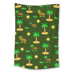Turtle And Palm On Green Pattern Large Tapestry by Daria3107