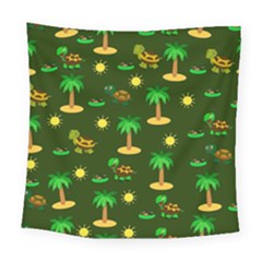 Turtle And Palm On Green Pattern Square Tapestry (large) by Daria3107
