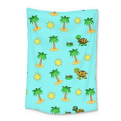 Turtle And Palm On Blue Pattern Small Tapestry by Daria3107