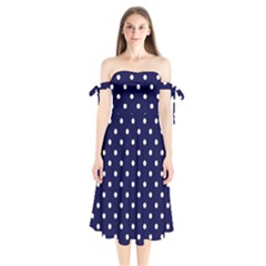 1950 Navy Blue White Dots Shoulder Tie Bardot Midi Dress