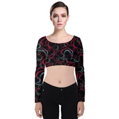 Blue And Red Stains Velvet Long Sleeve Crop Top by SychEva