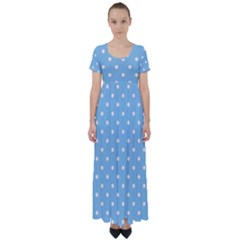 1950 Summer Sky Blue White Dots High Waist Short Sleeve Maxi Dress by SomethingForEveryone