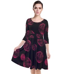 Red Sponge Prints On Black Background Quarter Sleeve Waist Band Dress by SychEva