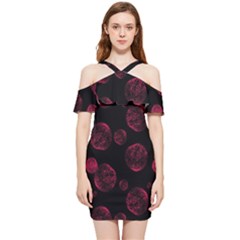 Red Sponge Prints On Black Background Shoulder Frill Bodycon Summer Dress by SychEva