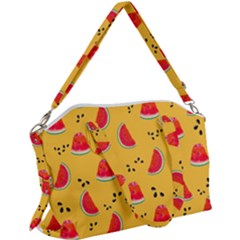 Slices Of Juicy Red Watermelon On A Yellow Background Canvas Crossbody Bag by SychEva