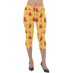 Slices Of Juicy Red Watermelon On A Yellow Background Lightweight Velour Capri Leggings  by SychEva