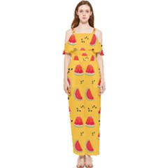 Slices Of Juicy Red Watermelon On A Yellow Background Draped Sleeveless Chiffon Jumpsuit by SychEva