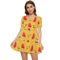 Slices Of Juicy Red Watermelon On A Yellow Background Tiered Short Sleeve Mini Dress by SychEva