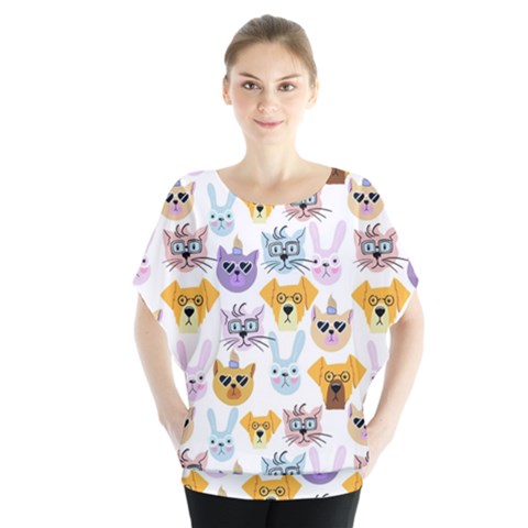 Funny Animal Faces With Glasses On A White Background Batwing Chiffon Blouse by SychEva