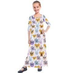 Funny Animal Faces With Glasses On A White Background Kids  Quarter Sleeve Maxi Dress by SychEva