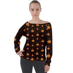 Halloween Pumpkins Pattern, Witch Hat Jack O  Lantern Off Shoulder Long Sleeve Velour Top by Casemiro