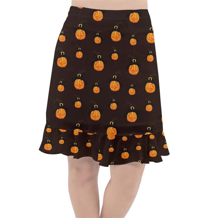 Halloween pumpkins pattern, witch hat Jack O  Lantern Fishtail Chiffon Skirt