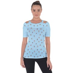 Cute Kawaii Dogs Pattern At Sky Blue Shoulder Cut Out Short Sleeve Top