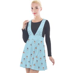 Cute Kawaii Dogs Pattern At Sky Blue Plunge Pinafore Velour Dress