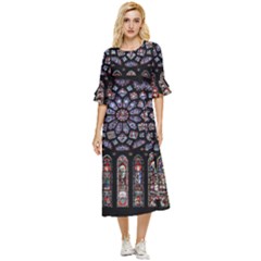 Chartres-cathedral-notre-dame-de-paris-amiens-cath-stained-glass Double Cuff Midi Dress by Sudhe