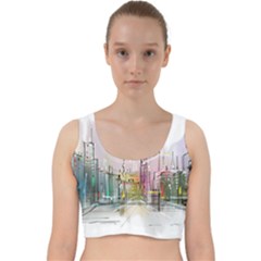 Drawing-watercolor-painting-city Velvet Racer Back Crop Top by Sudhe