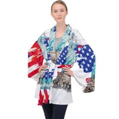 Statue Of Liberty Independence Day Poster Art Long Sleeve Velvet Kimono  by Sudhe