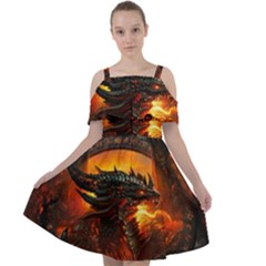 Dragon Fire Fantasy Art Cut Out Shoulders Chiffon Dress by Sudhe