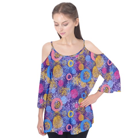 Multicolored Splashes And Watercolor Circles On A Dark Background Flutter Tees by SychEva