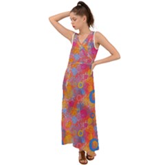 Multicolored Splashes And Watercolor Circles On A Dark Background V-neck Chiffon Maxi Dress by SychEva