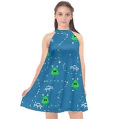 Funny Aliens With Spaceships Halter Neckline Chiffon Dress  by SychEva
