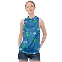 Funny Aliens With Spaceships High Neck Satin Top by SychEva