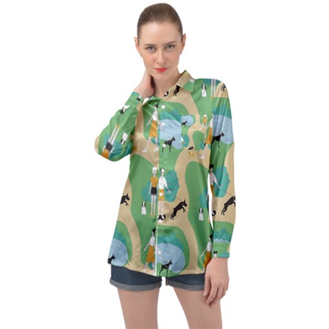 Girls With Dogs For A Walk In The Park Long Sleeve Satin Shirt by SychEva