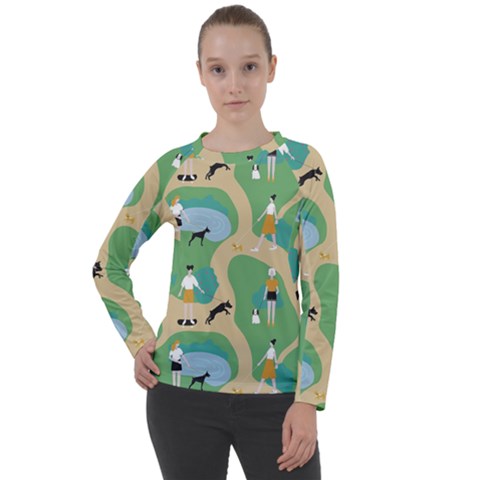 Girls With Dogs For A Walk In The Park Women s Long Sleeve Raglan Tee by SychEva