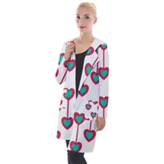 Red Hearts On A White Background Hooded Pocket Cardigan by SychEva
