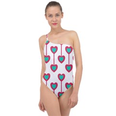 Red Hearts On A White Background Classic One Shoulder Swimsuit by SychEva