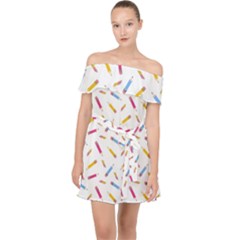 Multicolored Pencils And Erasers Off Shoulder Chiffon Dress by SychEva