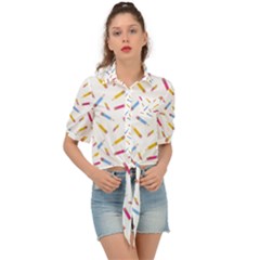 Multicolored Pencils And Erasers Tie Front Shirt  by SychEva