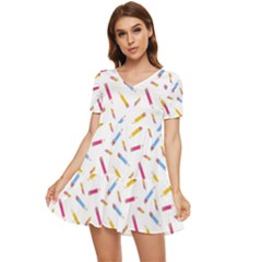 Multicolored Pencils And Erasers Tiered Short Sleeve Mini Dress by SychEva